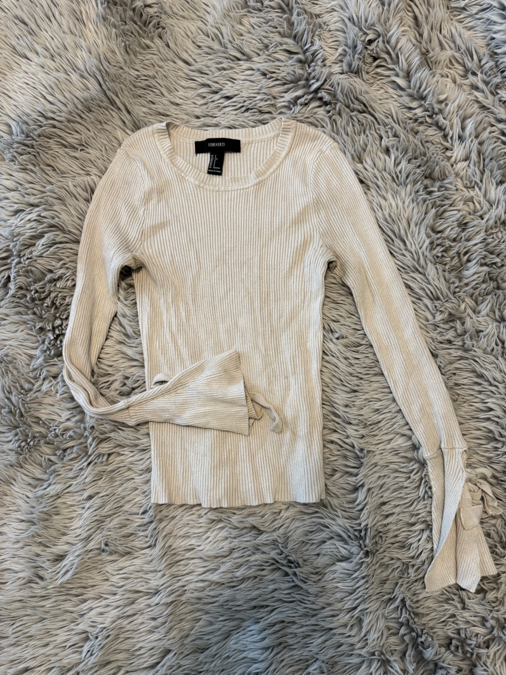 Forever 21 Light Beige Ribbed Tie-Sleeve Scoop Neck Sweater